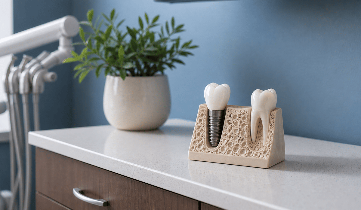 Dental model showing an implant placed in the jawbone beside a natural tooth in an oral surgery office.