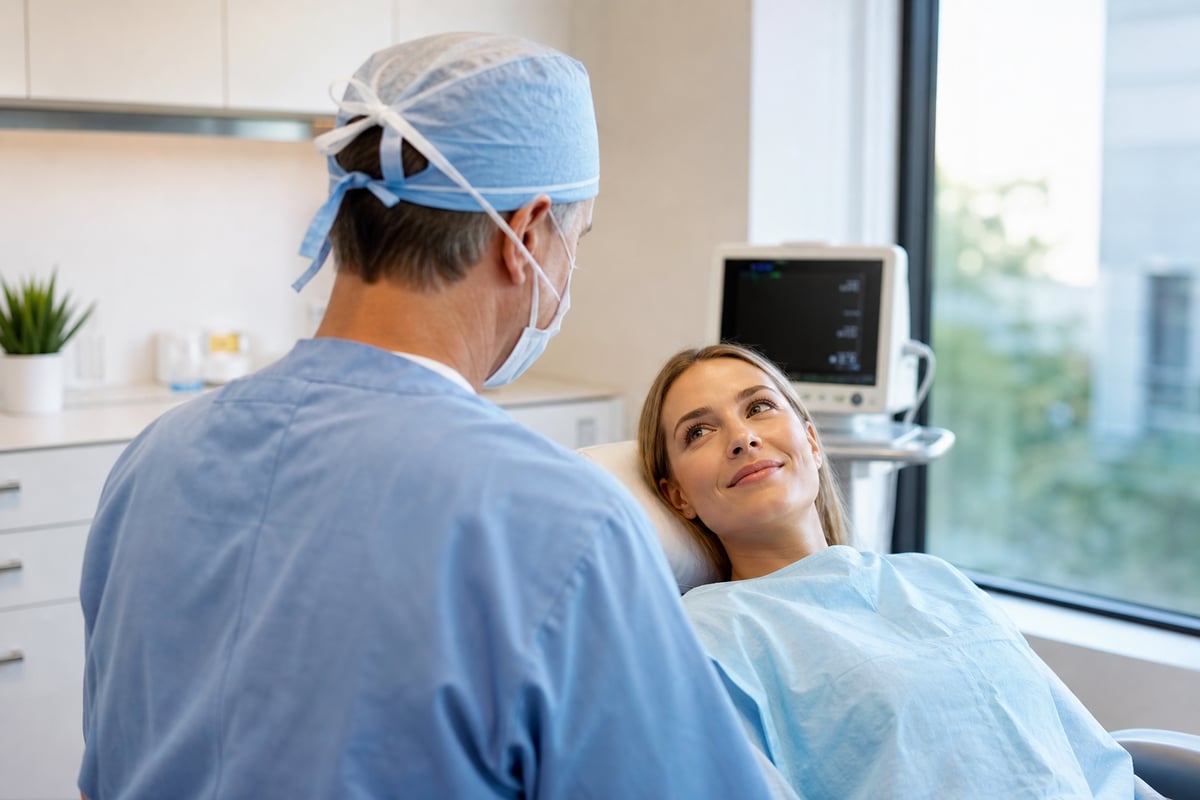Oral surgeon speaking with a patient seated in a dental chair before an oral surgery procedure.