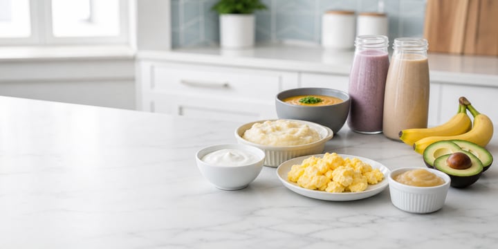 Healthy assortment of soft foods for wisdom teeth recovery, including yogurt, soup, mashed potatoes, smoothies, eggs, bananas, and avocado on a clean kitchen countertop.