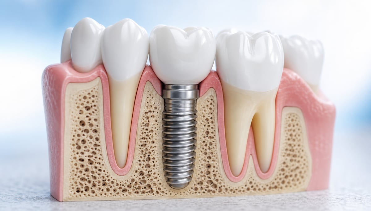 professional medical illustration showing a cross-sectional view of a human jawbone with a titanium dental implant fully integrated into the bone