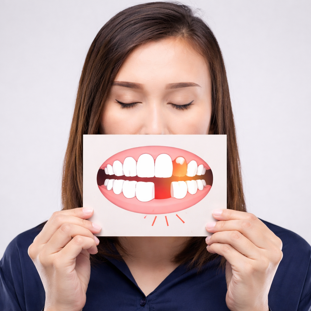 Woman covering her mouth with a drawing of a smile with two missing teeth.