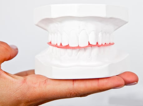 Man holding a teeth sample made out of plaster cast