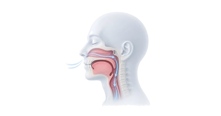3D medical illustration of the jaw, throat, and upper airway showing airflow through the nasal passage and airway.