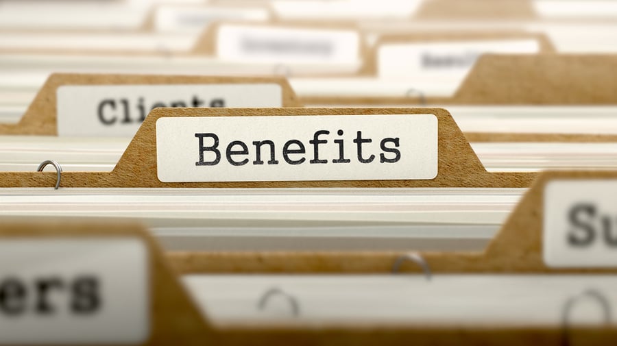 Benefits Concept. Word on Folder Register of Card Index. Selective Focus.