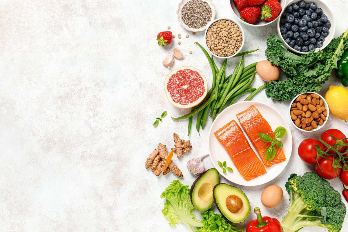 Photo of healthy foods including fruits, vegetables and proteins