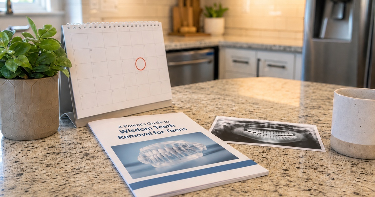 Wisdom teeth removal guide, dental X-ray, and appointment calendar on a kitchen countertop for planning a teen’s oral surgery.