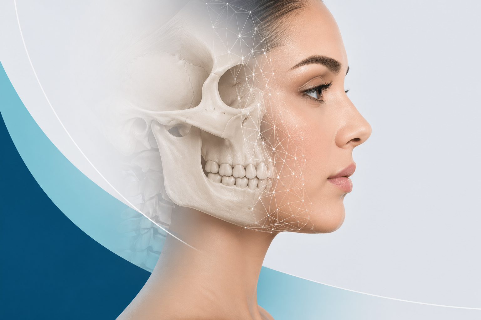 Side profile of a woman’s face blending into a semi-transparent skull, illustrating facial anatomy and soft tissue structure.