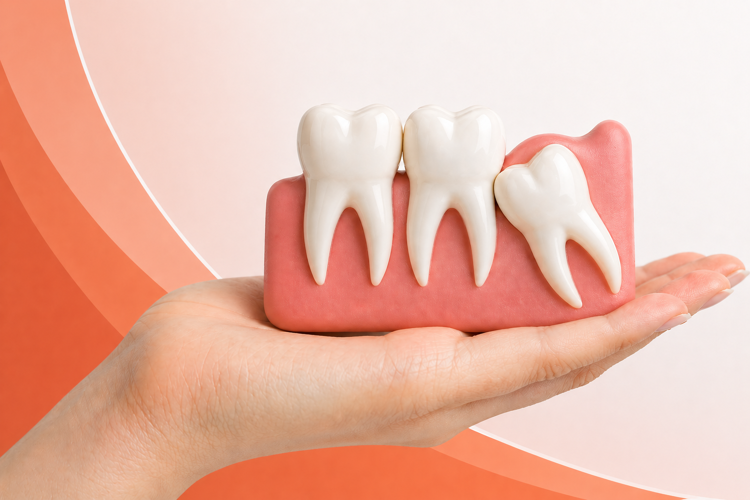 Hand holding a dental model showing an impacted wisdom tooth next to healthy molars.