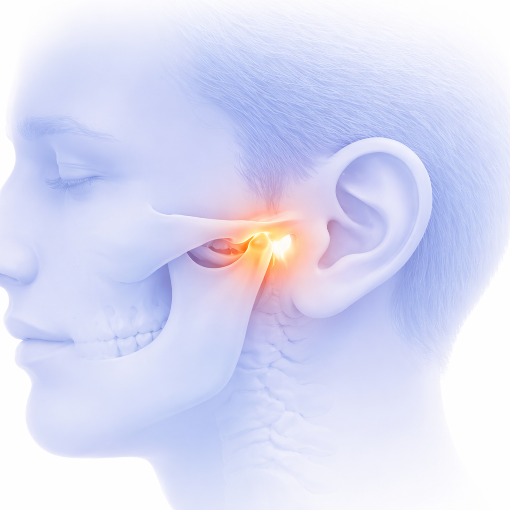 Medical illustration of TMJ disorder showing inflammation in the jaw joint near the ear.