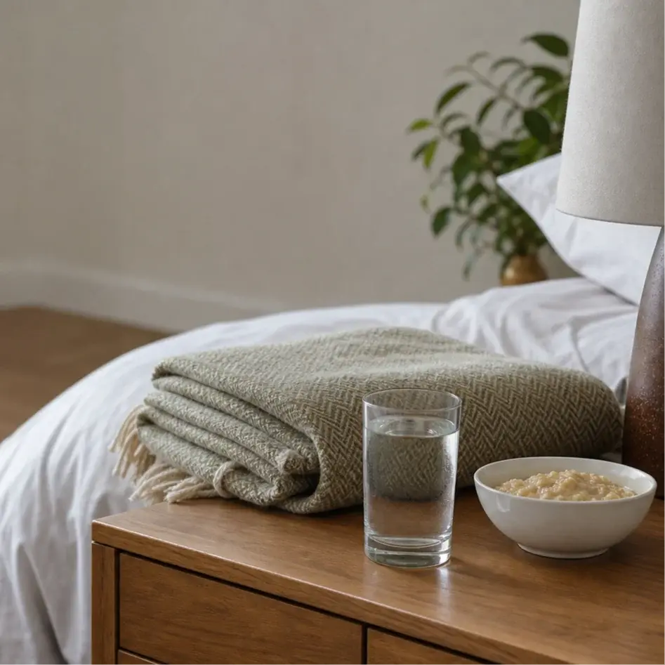 Glass of water and soft food beside a folded blanket, representing rest and recovery after oral surgery.