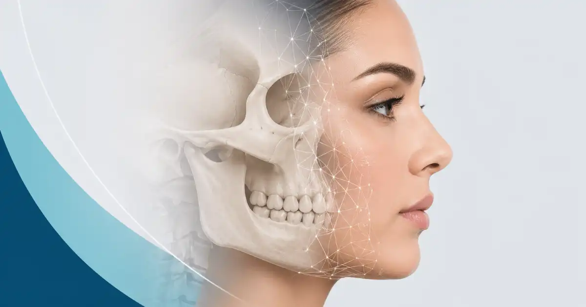 Side profile of a woman’s face blending into a semi-transparent skull, illustrating facial anatomy and soft tissue structure.